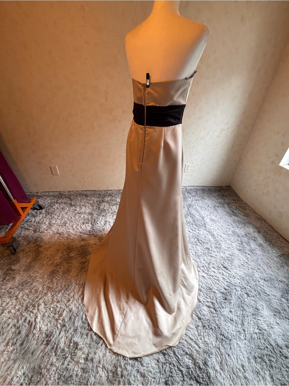 Alfred Angelo Strapless Satin Gown in the color linen with Black Sash